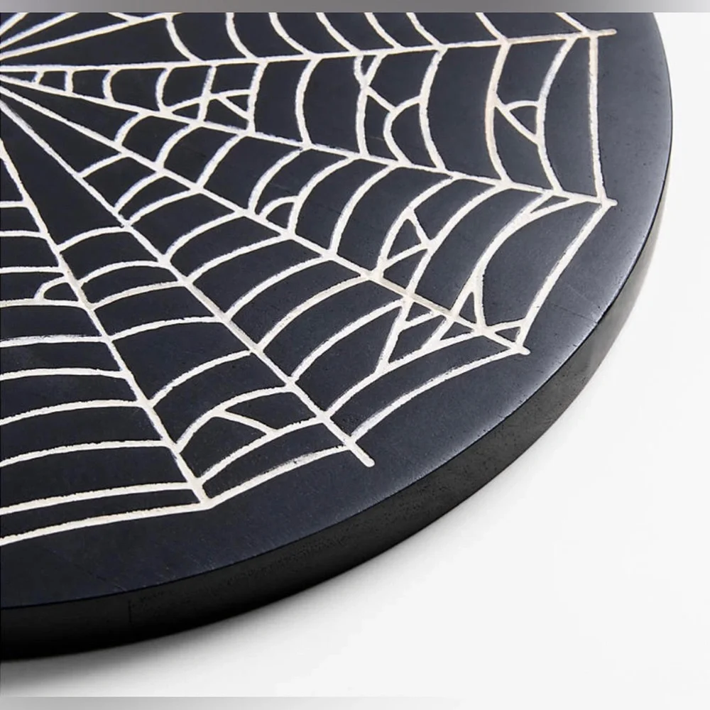 NEW Crate & Barrel Halloween Ebonized Round Web Serving Board 12.25” diameter